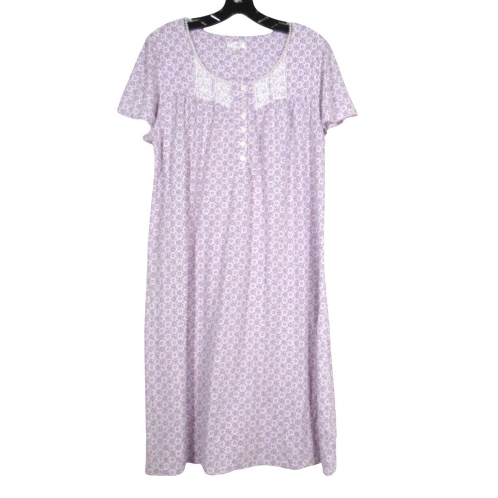 SECRET TREASURES Purple FLORAL DESIGN Knit LACE NECKLINE Lounge NIGHTGOWN Sz L